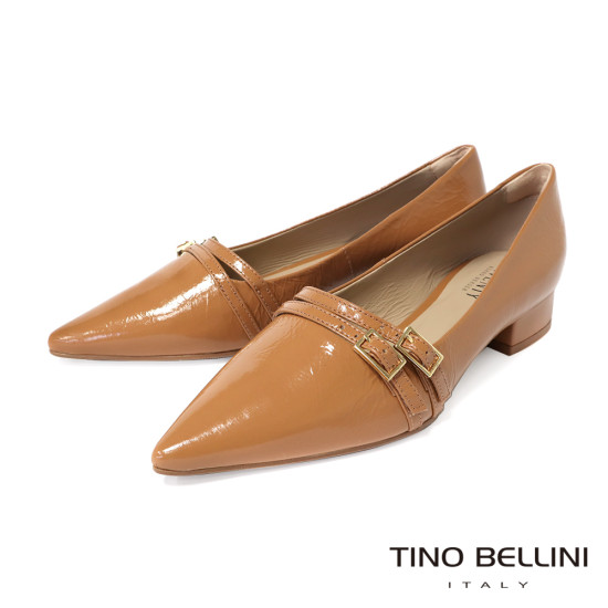 TINO BELLINI 貝里尼 巴西進口 經典魅力黑色漆皮尖頭低跟鞋FWCV044-9(駝色)
