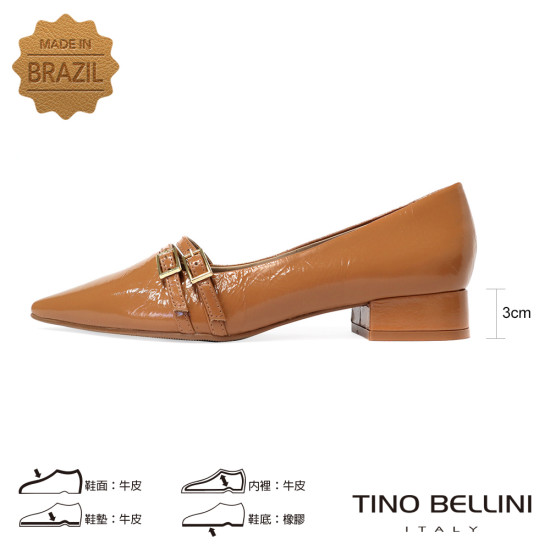 TINO BELLINI 貝里尼 巴西進口 經典魅力黑色漆皮尖頭低跟鞋FWCV044-9(駝色)