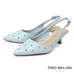 TINO BELLINI 貝里尼 巴西進口個性鉚釘尖頭後扣帶中高跟鞋FS1T011-4(藍色)