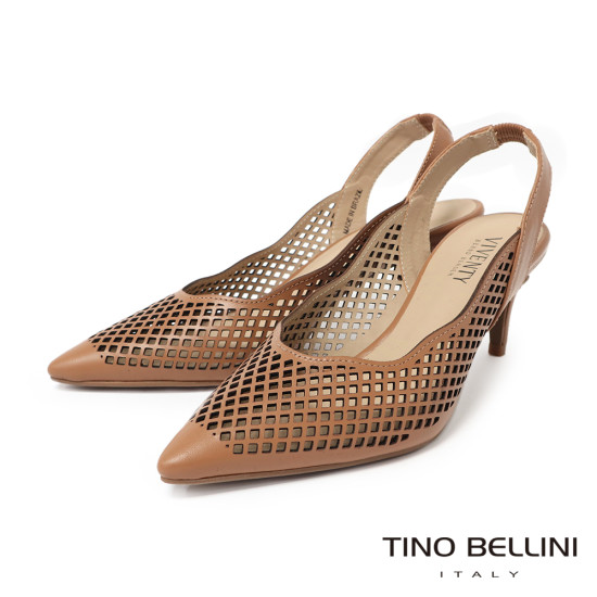 TINO BELLINI 貝里尼 巴西進口 鏤空雕花編織設計尖頭露跟鞋 FS2V003-9(駝色)