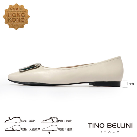 TINO BELLINI 貝里尼 進口羊皮簡約方型飾釦娃娃鞋芭蕾舞鞋FSBV026-0(白色)