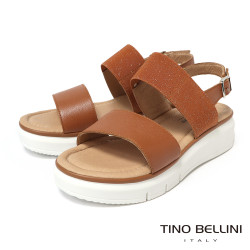 TINO BELLINI 貝里尼 經典進口真皮一字露趾亮粉寛版厚底涼鞋FSNT025-9(咖啡色)